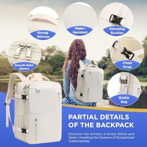 Travel Backpack for Women Men, Large Hand Luggage Backpack, Expandable Hand Luggage Bag, 17'' Laptop Backpack, Backpack for Outdoor Hiking Business Trip, Beige - Image 6