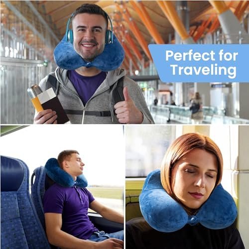 Anmerl Inflatable Travel Pillow Soft Velvet Portable Neck Pillow with Storage Bag for Airplane Train Car Office - Image 7