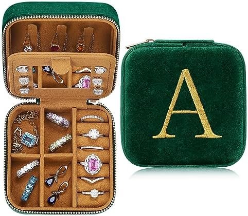Parima Gift for Women - Plush Velvet Travel Jewelry Case Organizer Small Jewelry Box Custom Personalized Birthday Gift Women Her, Travel Essentials, Mothers Day Gift, Graduation Gift - Letter A, Green