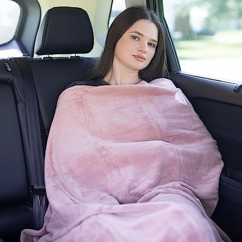 BlueHills Travel Blanket Pillow Rolled Premium Soft Plush Airplane Throw Traveling Gifts Compact in a Bag 70 X 48 inches Long Plane Flight Portable Lightweight Pink R02 - Image 4