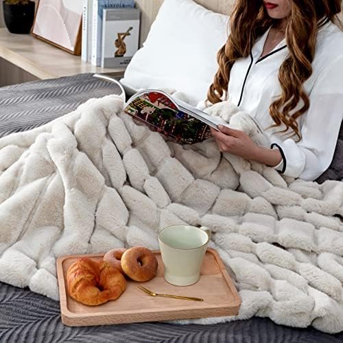 Cozy Bliss Faux Fur Throw Blanket for Couch, Cozy Soft Plush Thick Winter Blanket for Sofa Bedroom Living Room, 50 * 60 Inches Beige - Image 6