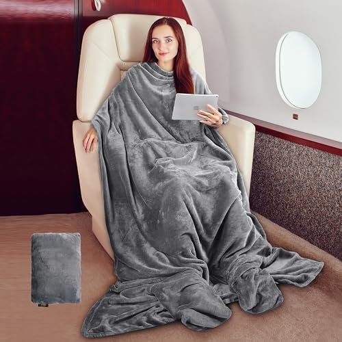Tirrinia Travel Blanket Pillow - Wearable Airplane Blanket with Feet Pockets for Long Flights, Airplane Accessories Blanket Robe for Women and Men, Gift for Her