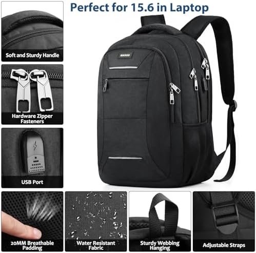 BIKROD Backpack for Men and Women, School Backpack for Teens, Black Backpack for Boys with USB Charging Port Fits 15.6 Inch Laptop, Water Resistant Travel College Bookbag - Image 3