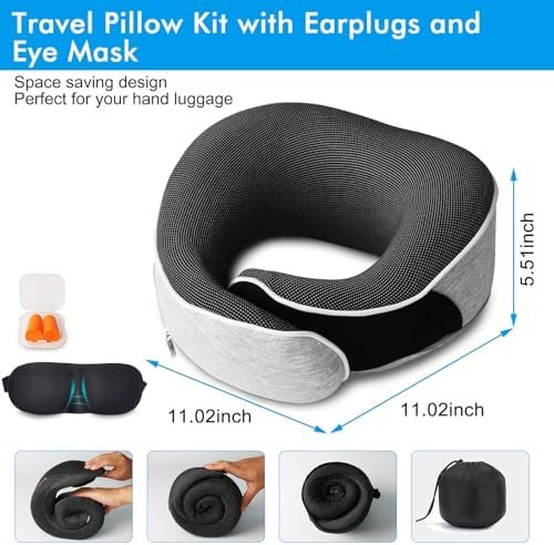 Travel Pillow,Upgraded 100% Memory Foam Neck Pillow for Traveling,Ergonomic Design Soft Best Flight Pillow,Neck Pillow Airplane Kit with 3D Contoured Eye Masks,Earplugs and Luxury Bag (Grey) - Image 6
