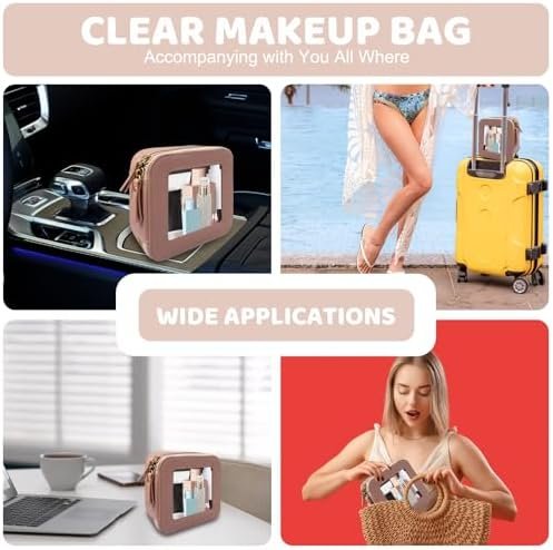 Mini Makeup Bag - Small Cosmetic Bags for Women,Waterproof Toiletry Bag for Travel,Clear Center Console Organizer Bag with Clear Windows & Gold Zippers (Pink, Mini) - Image 6