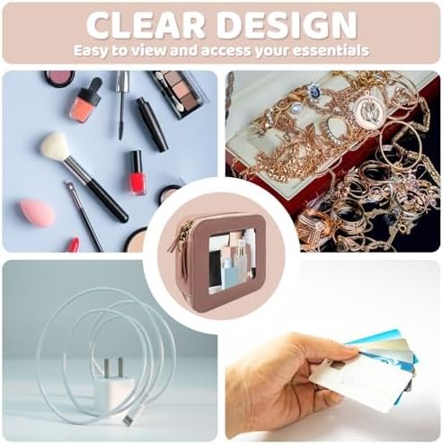 Mini Makeup Bag - Small Cosmetic Bags for Women,Waterproof Toiletry Bag for Travel,Clear Center Console Organizer Bag with Clear Windows & Gold Zippers (Pink, Mini) - Image 5