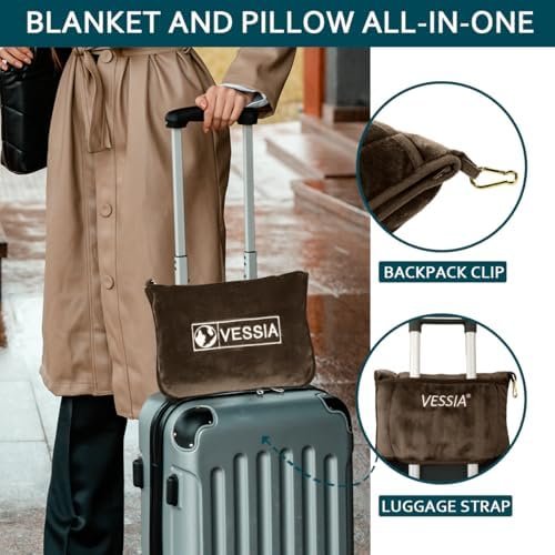 Vessia Travel Blanket for Airplane, Train and Car, Warm and Soft Travel Blanket in Bag for Adults and Kids, Portable Compact Long Flight Blanket with Luggage Sleeve, Backpack Clip(Brown) - Image 4