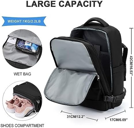 coowoz Large Travel Backpack For Women Men,Carry On Backpack,Hiking Backpack Waterproof Outdoor Sports Rucksack Casual Daypack Travel Essentials（Black Minimalist） - Image 4