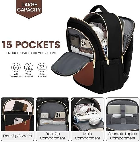 LOVEVOOK Laptop Backpack for Women,College Travel Copmputer Backpack, 15.6 Inch Work Backpacks with USB Port,Waterproof Back Pack with Laptop Compartment for Teacher Nurse,Black-White-Brown - Image 3