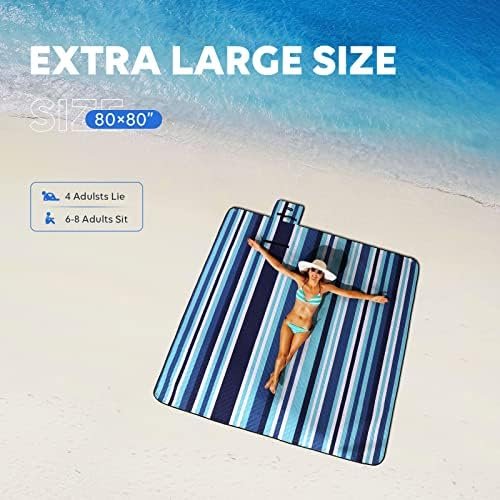 ZAZE Beach Blanket Picnic Blankets with Stakes, Thick 3-Layer 80*80 Oversized Waterproof Sandproof Compact Outdoor Mat, Big Extra Large Foldable Camping Park Vacation Travel Accessories(Blue Stripe) - Image 2