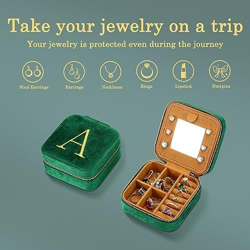 Parima Gift for Women - Plush Velvet Travel Jewelry Case Organizer Small Jewelry Box Custom Personalized Birthday Gift Women Her, Travel Essentials, Mothers Day Gift, Graduation Gift - Letter A, Green - Image 3