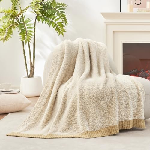 Amélie Home Super Soft Faux Fur Feather Yarn Throw Blankets for Couch, Lightweight Reversible Knit Throw Blanket for Sofa Chair Bed, 50"x 60", Heather Beige - Image 2