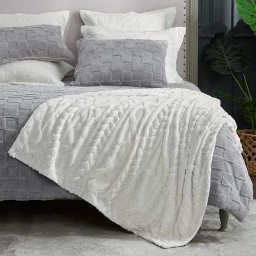 Cozy Bliss Faux Fur Throw Blanket for Couch, Jacquard Fuzzy Plush Soft Thick Winter Throw Blanket for Sofa Bed Living Room Bedroom,50"x60" Beige - Image 3