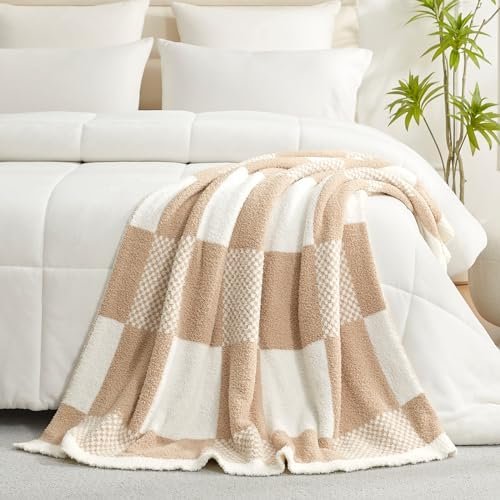 Snuggle Sac Checkered Blanket, Beige Throw Blanket for Couch Plaid Microfiber Fluffy Warm Cozy Fuzzy Soft Throw Blanket Reversible Checkerered Blankets for Sofa, Chair, Bed, 50x60 inches - Image 7
