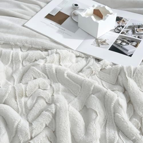 Cozy Bliss Faux Fur Throw Blanket for Couch, Jacquard Fuzzy Plush Soft Thick Winter Throw Blanket for Sofa Bed Living Room Bedroom,50"x60" Beige - Image 6