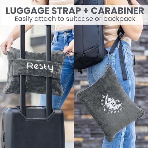 Resty Travel Blanket - Compact Airplane Blanket with Bag - Small and Lightweight Traveling Blanket & Pillow - Portable Blankets with Carabiner for Easy Transport - Plane Train Car (Deep Gray) - Image 4