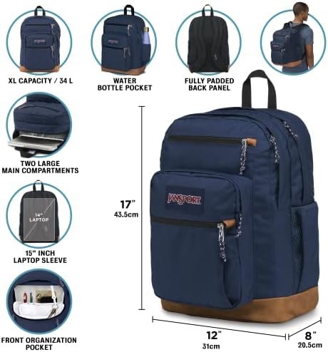 JanSport Cool Backpack, with 15-inch Laptop Sleeve - Large Computer Bag Rucksack with 2 Compartments, Ergonomic Straps, Navy - Image 3