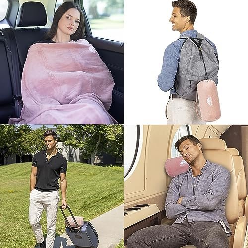 BlueHills Travel Blanket Pillow Rolled Premium Soft Plush Airplane Throw Traveling Gifts Compact in a Bag 70 X 48 inches Long Plane Flight Portable Lightweight Pink R02 - Image 2