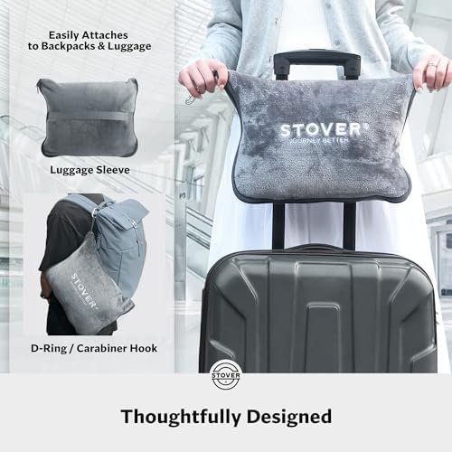 STOVER 2-in-1 Combo Airplane Travel Blanket & Pillow Bag- Lightweight, Compact, Packable, Warm Premium Fleece Set for Long Flights- w/Luggage Sleeve & Backpack Clip- for Men, Women & Families (Grey) - Image 3