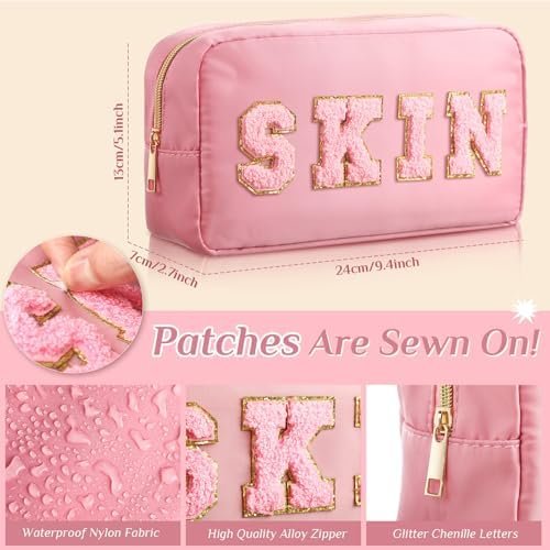 Remerry 4 Pcs Nylon Cosmetic Bag Travel Organizer Chenille Letter Makeup Pouch Zipper Preppy Waterproof Hair Bag Toiletry Pouch for Women Girls(Light Brown, Beige, Light Pink, White) - Image 2