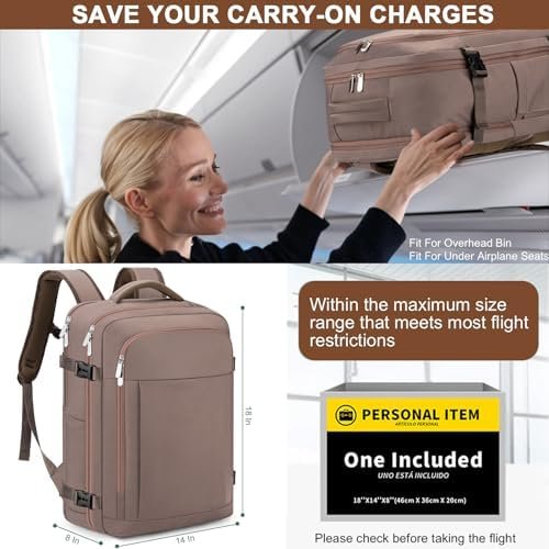RDTGO Travel Backpack For Women, 40L Carry-On Backpack, Airline Approved Personal Item Bag, Waterproof Laptop Backpack with Large Duffel, Casual Daypack for Buisness Gym Weekend Hiking (Brown) - Image 3