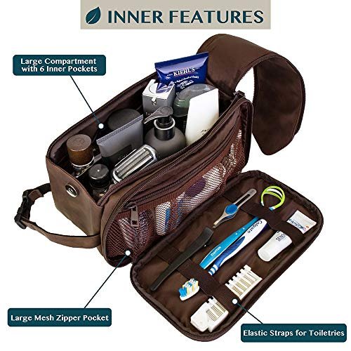 PAVILIA Toiletry Bag for Men, Travel Essentials Shaving Dopp Kit, Mens Travel Bag Toiletries Organizer Case for Grooming, PU Leather Water Resistant Cosmetic Bag Pouch (Dark Brown) - Image 2