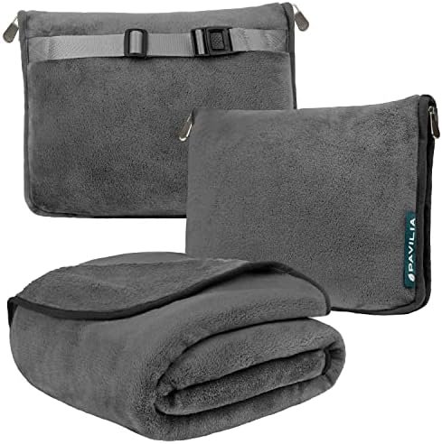 PAVILIA Travel Blanket Pillow, Soft Airplane Blanket 2-in-1 Combo Set, Plane Blanket Compact Packable, Flight Essentials Car Pillow, Travelers Gifts Accessories, Luggage Backpack Strap, 60x43 Gray