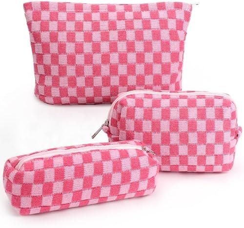 3 Pcs Makeup Bag Cosmetic Bag Set for Girls Women Checkered Travel Organizer Bathroom Toiletry Pouch Large Capacity Storage Bag (Rose-Red)