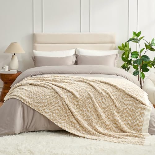 Snuggle Sac Beige Throw Blanket for Couch, Reversible Super Soft Warm Blankets Cozy Knit Fuzzy Plush Lightweight Throws for Sofa, Bed, Camping, Space Dye Beige, 50x60 inches - Image 5