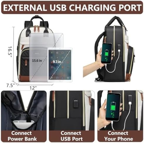 Laptop Backpack for Women Bag - 15.6 inch Work Travel Backpack with USB Charger College Bookbag Waterproof Business Computer Backpack Anti-theft Casual Backpacks for Nurse Teacher Beige Black Brown - Image 4