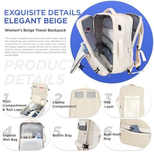 Travel Backpack for Women Men, Large Hand Luggage Backpack, Expandable Hand Luggage Bag, 17'' Laptop Backpack, Backpack for Outdoor Hiking Business Trip, Beige - Image 3