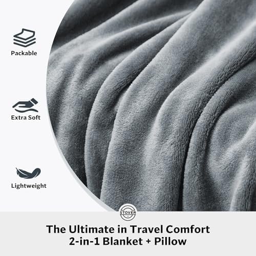 STOVER 2-in-1 Combo Airplane Travel Blanket & Pillow Bag- Lightweight, Compact, Packable, Warm Premium Fleece Set for Long Flights- w/Luggage Sleeve & Backpack Clip- for Men, Women & Families (Grey) - Image 2