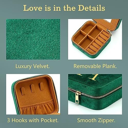 Parima Gift for Women - Plush Velvet Travel Jewelry Case Organizer Small Jewelry Box Custom Personalized Birthday Gift Women Her, Travel Essentials, Mothers Day Gift, Graduation Gift - Letter A, Green - Image 4
