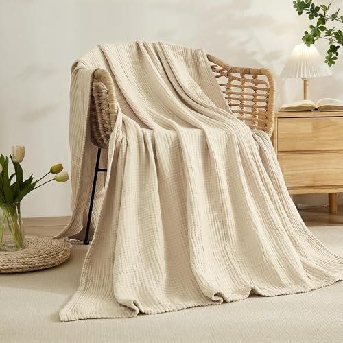 EMME Cotton Throw Blanket Large 50"x70" 100% Muslin for Couch Breathable Gauze All Season Soft and Lightweight Pre-Washed (Light Tan) - Image 5