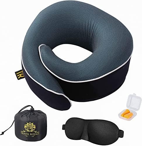 Neck Pillow Head, Chin, Neck 360° Support Pillow Adjustable 100% Pure Memory Foam Pillow for Airplanes, Car & Home, Ergonomic Design Full Neck Surround Bundle Eyecover & Earplugs (Navy)
