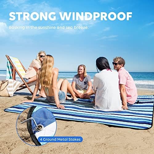 ZAZE Beach Blanket Picnic Blankets with Stakes, Thick 3-Layer 80*80 Oversized Waterproof Sandproof Compact Outdoor Mat, Big Extra Large Foldable Camping Park Vacation Travel Accessories(Blue Stripe) - Image 3