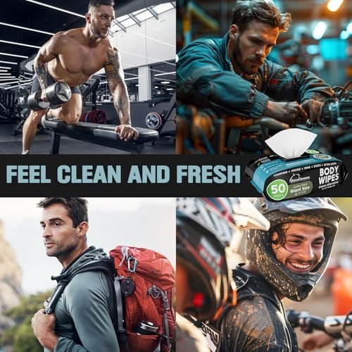 Body Wipes for Men - 50 XL No Rinse Shower Wipes + 4 Travel Bath Wipes - 9"x12" After Gym Wipes - Mens Deodorant Wipes - Face Wipes for Men -For Camping Essentials, Survival Gear and Supplies - Image 5