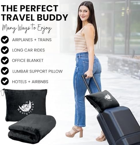 Resty Travel Blanket - Compact Airplane Blanket with Bag - Small and Lightweight Traveling Blanket & Pillow - Portable Blankets with Carabiner for Easy Transport - Plane Train Car (Onyx Black) - Image 2