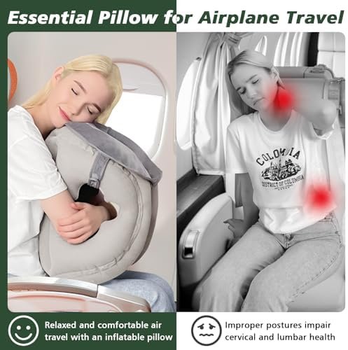 Inflatable Travel Pillow,Airplane Pillow Inflatable Travel Pillows for Airplanes Comfortable Support Shoulder and Neck (with Face Mask, Eye Mask,Earplugs, Portable Bag)for Plane Travel Office Home - Image 2