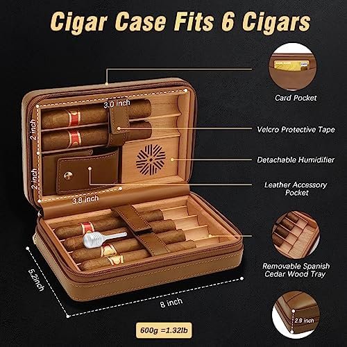TISFA Cigar Humidor, Leather Cedar Wood Cigar Case with Cigar Lighter, V Cut Cigar Cutter, Cigar Holder 3 in 1, Portable Travel Cigar Humidor Box with Humidifier (Brown) - Image 2