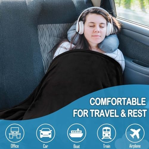 Excervent Travel Blanket 2 in 1 Soft Flannel Airplane Throw Blankets in Soft Bag Pillow case with Hand Luggage Belt, 65x40inch, Black - Image 4