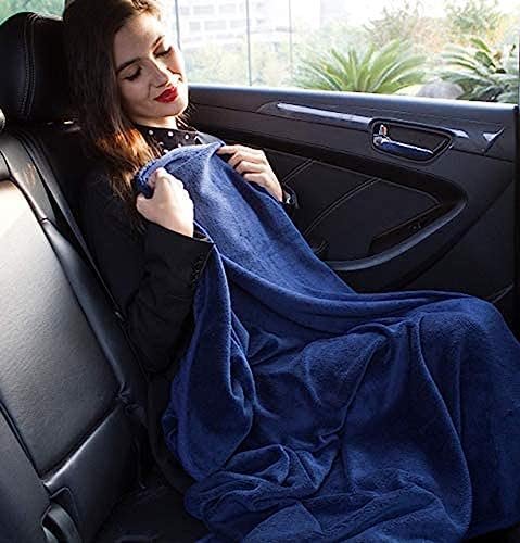 BlueHills Travel Blanket Pillow Rolled Premium Soft Plush Airplane Throw Traveling Essential Gift Compact in a Bag 70 X 48 inches Long Plane Flight Portable Lightweight Navy Blue R04 - Image 4