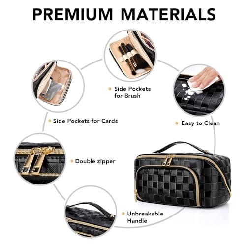 stona Travel Makeup Bag for Women, Large Capacity PU Leather Waterproof Checkered Cosmetic Bags, Portable Pouch Open Flat Toiletry Bag, Make up Organizer with Divider and Handle, Black - Image 3