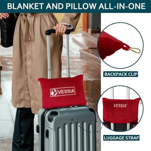 Vessia Travel Blanket for Airplane, Train and Car, Warm and Soft Travel Blanket in Bag for Adults and Kids, Portable Compact Long Flight Blanket with Luggage Sleeve, Backpack Clip(Red) - Image 4