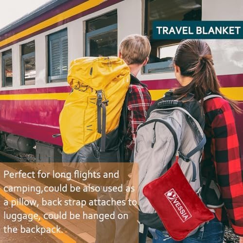 Vessia Travel Blanket for Airplane, Train and Car, Warm and Soft Travel Blanket in Bag for Adults and Kids, Portable Compact Long Flight Blanket with Luggage Sleeve, Backpack Clip(Red) - Image 3