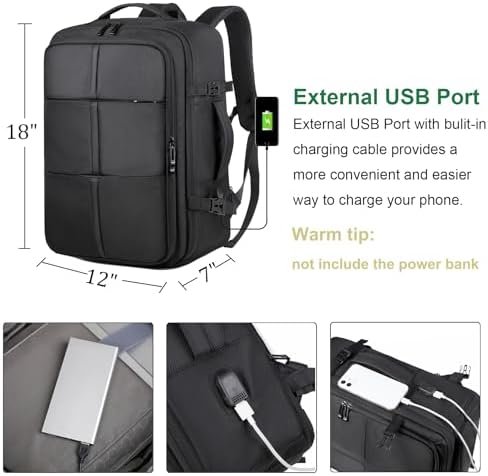 Travel Backpack for Men Business Computer Large Backpack Suitcase for Travel with USB Charging Port, Work Laptop Bookbag for Women Office College School Bag, Black - Image 2