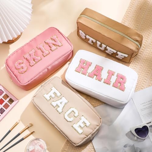 Remerry 4 Pcs Nylon Cosmetic Bag Travel Organizer Chenille Letter Makeup Pouch Zipper Preppy Waterproof Hair Bag Toiletry Pouch for Women Girls(Light Brown, Beige, Light Pink, White) - Image 3
