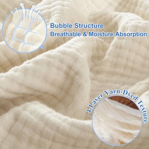 PHF 100% Cotton Muslin Throw Blanket, 4-Layer Lightweight and Breathable Blanket for Summer, Luxuriously Soft Gauze Blanket for Couch Bed Sofa, Elegant Home Decoration, 50" x 60", Shortbread - Image 3