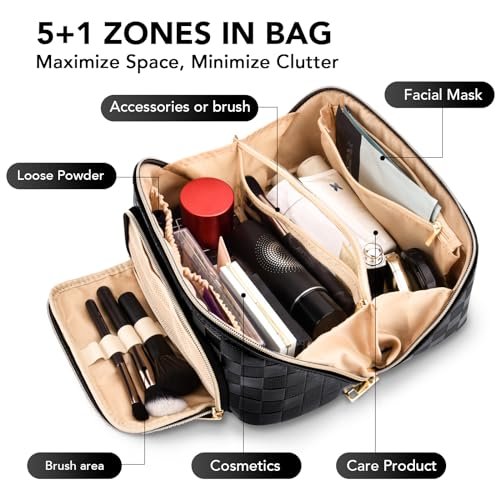 stona Travel Makeup Bag for Women, Large Capacity PU Leather Waterproof Checkered Cosmetic Bags, Portable Pouch Open Flat Toiletry Bag, Make up Organizer with Divider and Handle, Black - Image 4