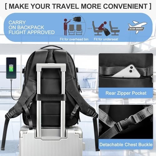 coowoz Large Travel Backpack Carry on Flight Approved Personal Item Travel Bag Carry on Backpack for Women Men Mochila de Viaje Para Mujer Travel Essential Black Backpack for Traveling on Airplane - Image 5
